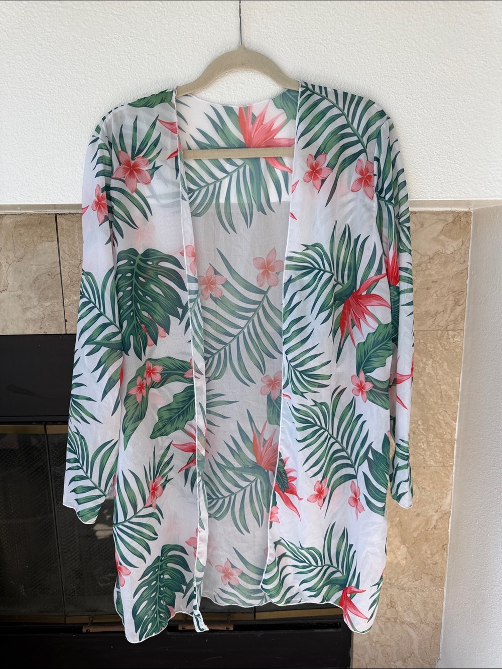 Floral Tropical Open-Front Kimono Tunic - White/Green/Pink